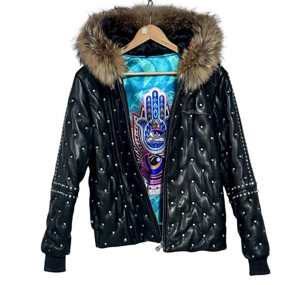 Al Wissam Studded Fur-Collar Women's Leather‎ Jacket Size L/XL - Picture 1 of 16
